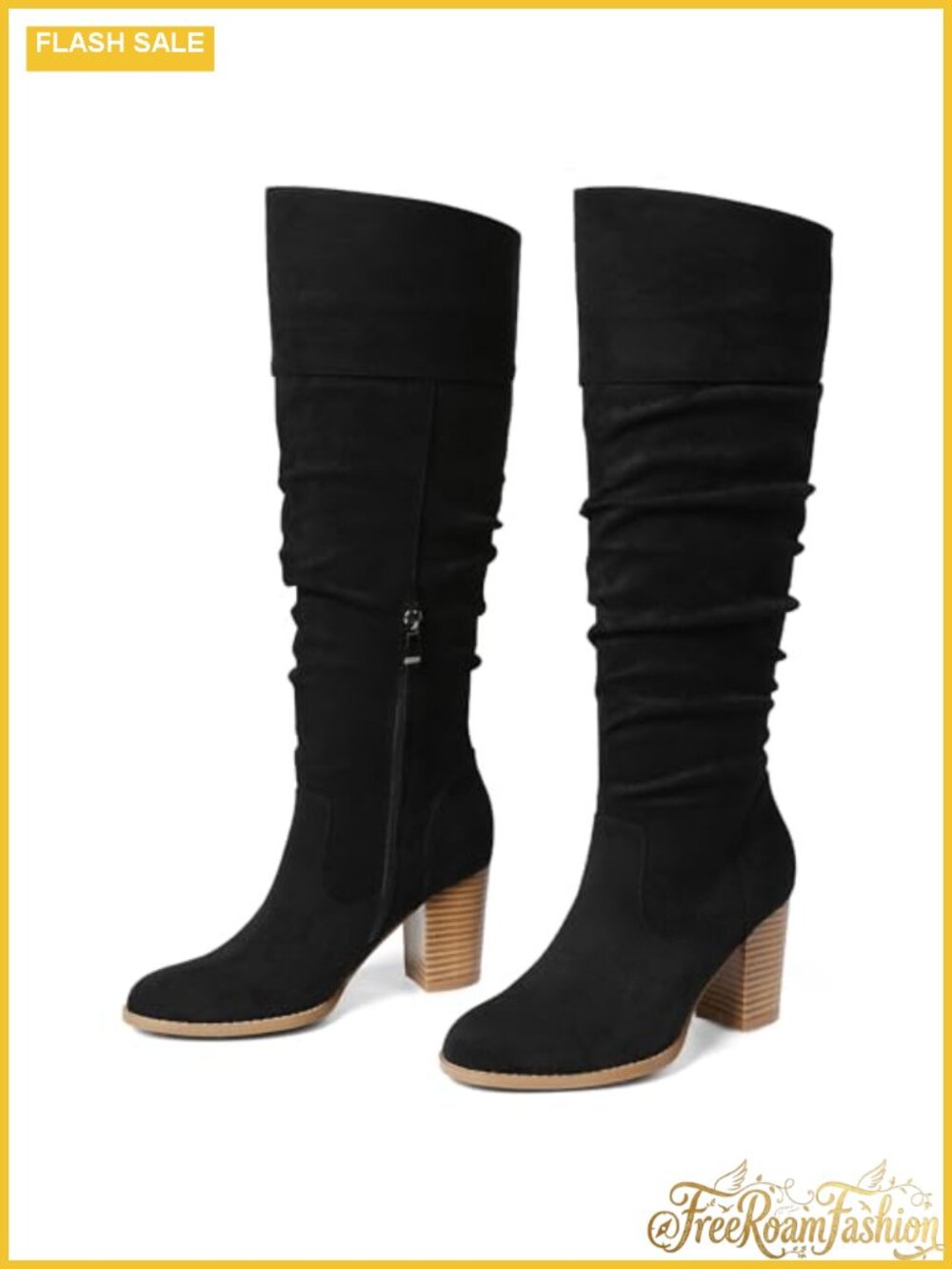Women's Faux Suede Knee High Tall Boots Slouch Block Heel Zip Fall Winter